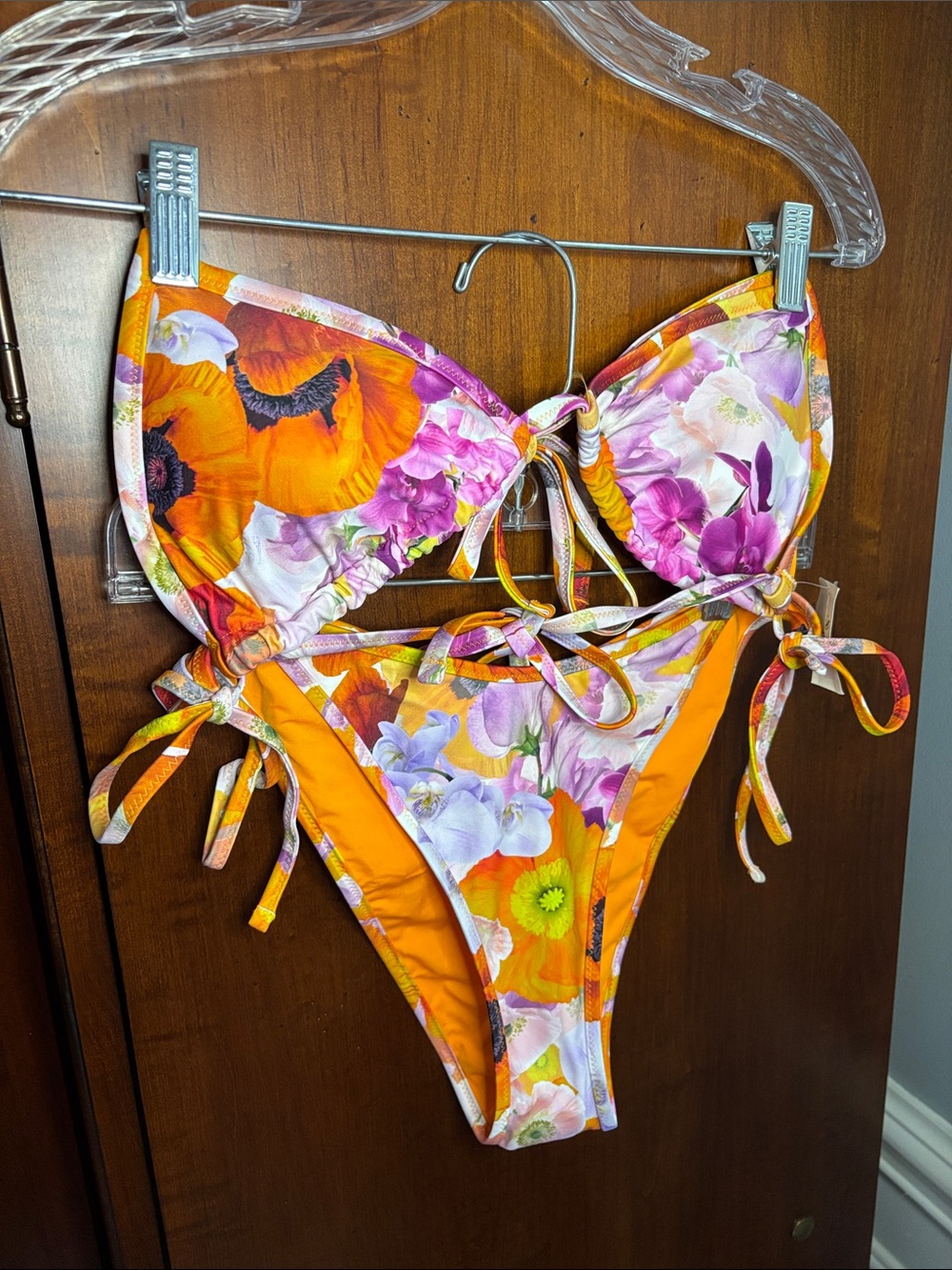 Aerie Bikini Set, Bright Floral Triangle String Orange and Purple